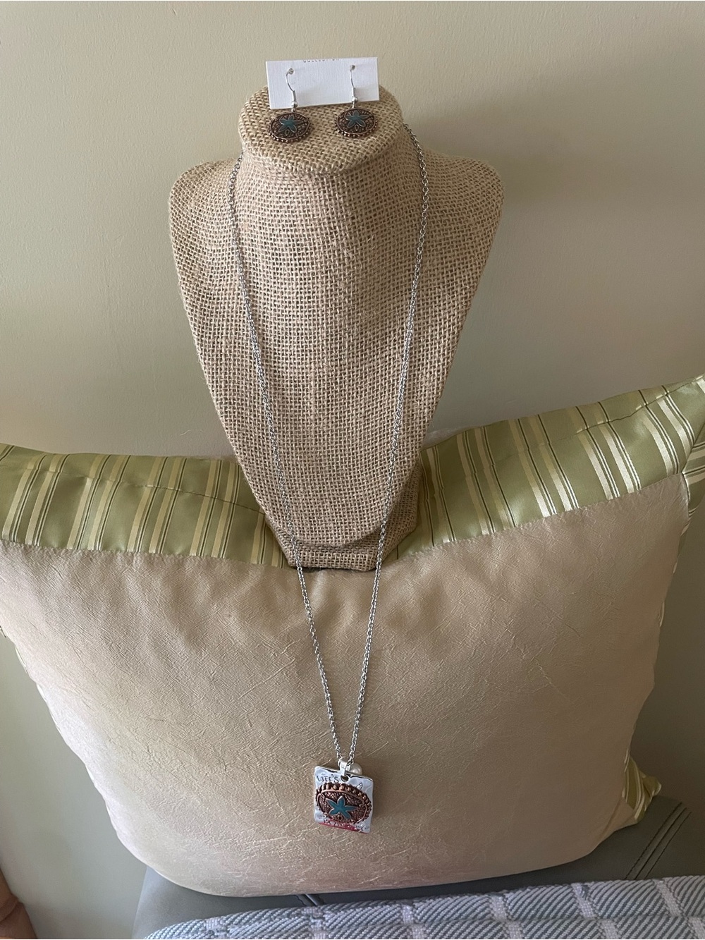 NWT-Silver Chain Necklace with Turquoise Life’s A Beach Pendant and Earring Set